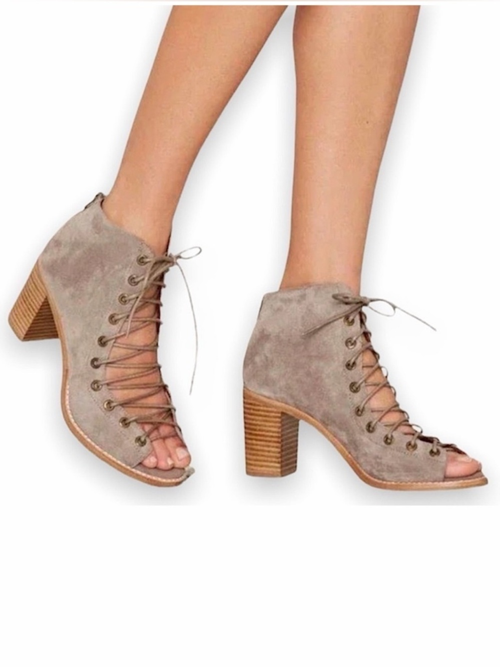 Jeffrey Campbell Cors Lace-Up Boot Ankle Anthropologie Peep Toe Taupe Suede 7.5